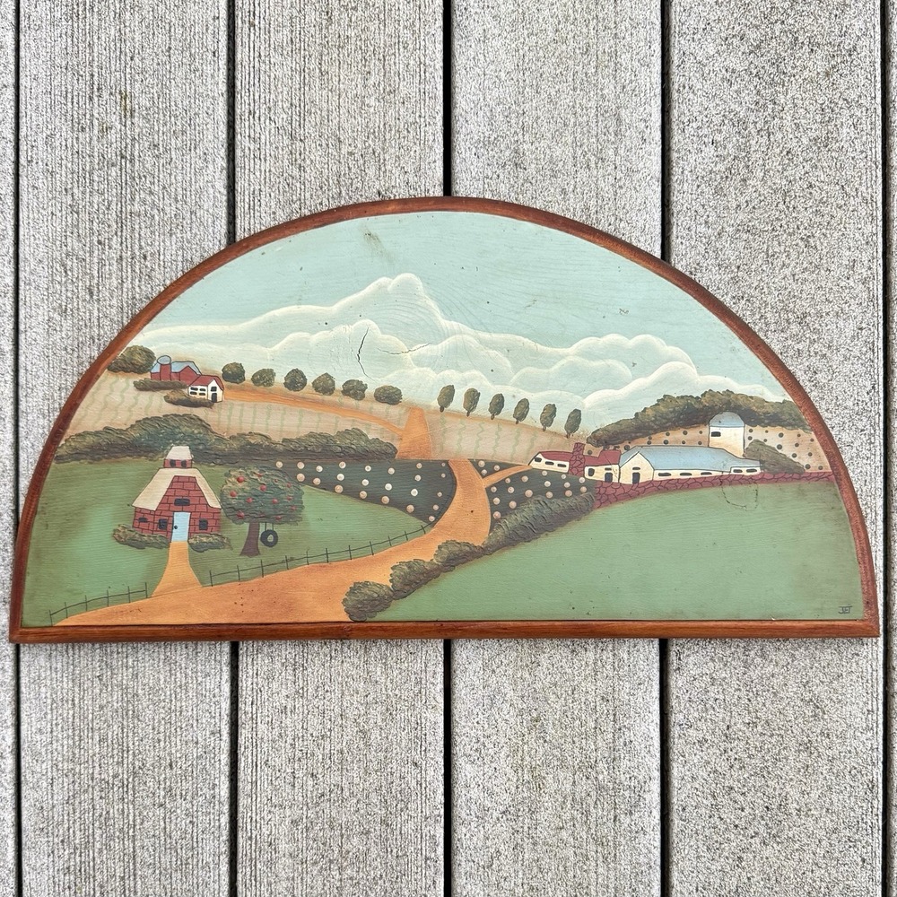 VTG 80s Handmade Signed Half Moon Wood Folk Art Plaque Country Farm Farmhouse